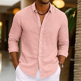 Men's Shirt Linen Shirt Summer Shirt Beach Wear Button Up Shirt Plain Vacation Casual Black Pink Navy Blue Green Long Sleeve Turndown Spring Summer Clothing A