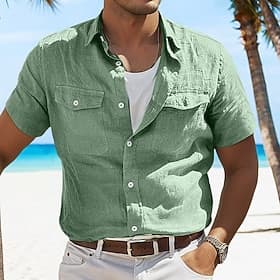 Men's Shirt Linen Shirt Summer Shirt Beach Shirt Solid Color Vacation Curise Green Light Grey Light Blue Short Sleeve Fold-over Collar Spring Summer Clothing