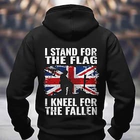 Men's Patriotic British Flag Hoodie 'I Stand For The Flag I Kneel For The Fallen' Soldier Remembrance Graphic Hooded Sweatshirt