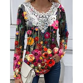 Women's Blouse Tunic Lace Splicing V Neck Long Sleeve Floral Graphic Plants Vintage Crew Neck Tops Daily Going out Weekend Lace Patchwork Print Black Red Sky B