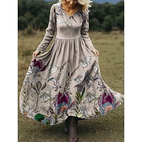 Femmes Robe maxi Robe trapèze Vacances Occasionnel Boho Plage Coupe régulière Fleuri Graphique Papillon manche longue Col en V Rose Claire Violet Beige Printem