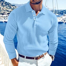 Herren Rippenstrick-Top Textur Lässig Straße Revers Langarm Basic Modern Einfach Knöpfe Frühling Herbst Ganzjahres Normale Passform Blau Rippenstrick-Top
