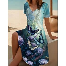 Women's Midi Dress T Shirt Dress Tee Dress A Line Dress Summer Dress Vacation Casual Daily Beach Holiday Regular Fit Floral Graphic Animal Short Sleeve V Neck