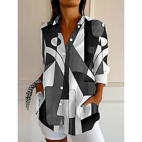 Damen Hemd Leinenähnlich Atmungsaktiv Leicht Button-Down Tunika Hemdkragen Lange Ärmel Geometrisch Abstrakt Vintage Täglich Stylish Arbeit Täglich Urlaub Druck