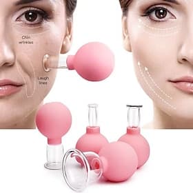 Set di 4 coppette per massaggio con ventosa, testa in gomma, vetro, anticellulite, terapia cinese, set di coppette per il viso