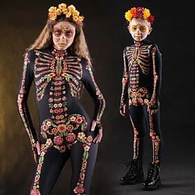 Karneval 2026 Totenkopf Zuckerschädel Bodysuits Halloween-Gruppen-Paarkostüme Ganzkörper-Catsuit Gruseliges Kostüm Erwachsene Kinder Alle Halloween Karneval Ta