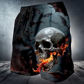 Men's Skull Flame Costumes Sweat Shorts Beach Shorts Terry Shorts Mid Waist Dark Gothic Style Vacation Holiday 3D Print with Side Pocket Elastic Drawstring Wai
