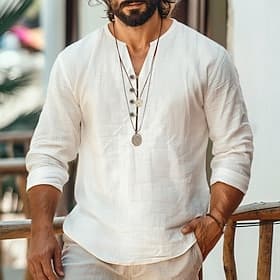 Herren Hemd Leinenhemd Sommerhemd Strandhemd Einfarbig Urlaub Lässig Schwarz Weiß Blau Grün Langarm Henley Sommer Frühling Bekleidung