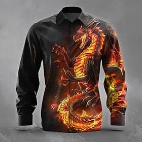 Men's Animal Dragon Flame Shirt Button Up Shirt Long Sleeve Dark Gothic Style Holiday Streetwear Summer Spring Turndown 3D Print Collared Shirts Purple Orange