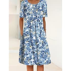 Damen Midikleid Shiftkleid Sommerkleid Urlaub Lässig Täglich Normale Passform Blumen Grafik Halbarm Rundhalsausschnitt Blau Rote Dunkelblau Sommer Frühling