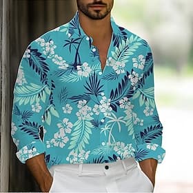 Men's Tropical Flowers Palm Leaf Shirt Summer Hawaiian Shirt Button Up Shirt Long Sleeve Hawaiian Holiday Streetwear Summer Spring Turndown 3D Print Collared S