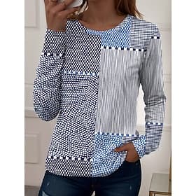 Women's T shirt Long Sleeve Crew Neck Long Sleeve Tunic Graphic Geometric Vintage Casual Regular Tops Daily Print Pink Blue Purple Green Spring Fall Prefall