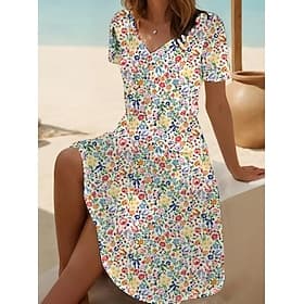 Women's Mini Dress T Shirt Dress Tee Dress Sundress A Line Dress Vacation Casual Beach Daily Beach Holiday Regular Fit Ombre Floral Graphic Short Sleeve V Neck