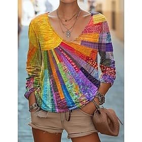 Mujer Blusa Estampado Tie-dye Flor Bohemia Diario Manga Larga Escote en Pico Tops regulares Diario Festivos Azul Piscina Rosa Morado Fucsia Albaricoque Verano