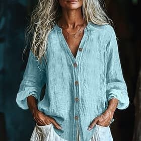 Women's Shirt Cotton Linen Shirts Texture Blouse Blouse Buttons Plain Modern Casual Long Sleeve V Neck Regular Tops Daily Holiday Going out Wine Army Green Sky