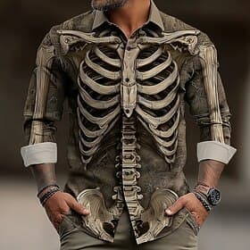 Men's Optical Illusion Skeleton Shirt Button Up Shirt Long Sleeve Dark Punk Gothic Style Outdoor Holiday Summer Spring Turndown 3D Print Collared Shirts Gold B