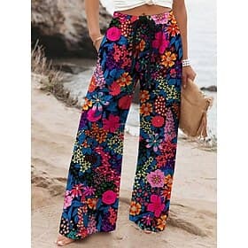 Damen Weites Bein Hosen Hose Urlaub Lässig Lang Hohe Taille Blumen Elastischer Bund Drucken Hoher Schnitt Atmungsaktivität Weich Mikroelastisch Urlaub Straße A