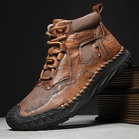 Men's Brown Faux Leather High-Top Casual Boots with Non-Slip Rubber Sole – Durable Outdoor Walking Shoes for Hiking, Travel and Daily Wear