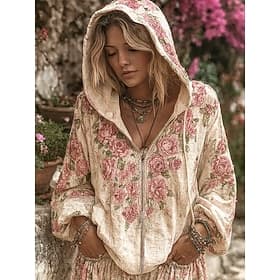 Women's 3D Print Vintage Boho Hoodie Patchwork Hoodie Sweatshirt Floral Zip Up s Floral Punk Active Vintage Long Sleeve Hooded Home Dailywear Casual Patchwork