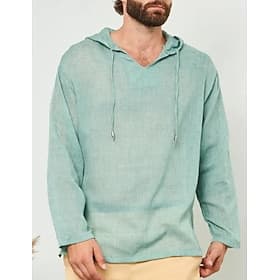 Men's Shirt Linen Shirt Popover Shirt Summer Shirt Beach Wear Hooded Shirt Solid Color Vacation Street White Light Green Blue Green Long Sleeve Hooded Summer S
