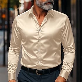Men's Shirt Silk Like Satin Shirt Dress Shirt Casual Shirt Button Up Shirt Plain Business Formal Navy Blue khaki Gray Long Sleeve Lapel Spring Fall All Seaso