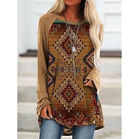 Women's T Shirt Print Graphic Tribal Vintage Stylish Casual Long Sleeve Crew Neck Long Tops Daily Blue Brown Green Khaki Spring Fall