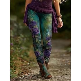 Women's Pants Trousers Leggings Cozy Leggings Streetwear Casual Full Length High Waist Floral Elastic Waist Print Breathability Comfortable Stretchy Vacation S