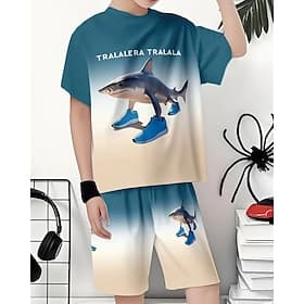 Jungen Cool Tralalero Tralala Sportschuhe Hai Italienisch Brainrot Print Kurzarm Shorts Set Gestrickt Atmungsaktiv Vielseitig Frühling/Sommer Cartoon Buchstabe