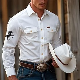 Voor heren dier Paard Werkhemden Westers overhemd Cargoshirt Lange mouw Tactisch Vintage Retro Buitensporten Werk Kleding Lente Herfst Strijkijzer Twee zakken