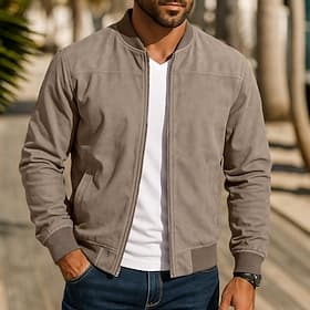 Men Outdoor Jacket Faux Suede Jacket Bomber Jacket Casual Daily Zipper Pocket Fall Winter Solid Color Active Neutral Collar Regular Blue Black Navy Blue Brown