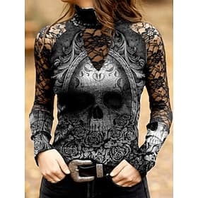 Blusa de mujer Vintage Rock Hippie de Manga Larga Cuello Alto Tops Regulares Impresión Diario Negro Verde Primavera Otoño Invierno
