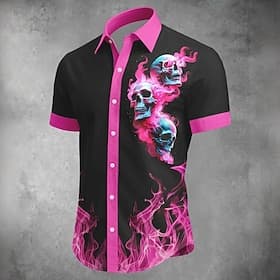 Men's Skull Flame Costumes Shirt Button Up Shirt Short Sleeve Dark Gothic Style Holiday Summer Spring Turndown 3D Print Collared Shirts Black