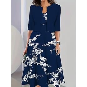 Women's Dress Set A Line Dress Casual Semi Formal Floral Graphic Print Midi Dress Half Sleeve Crew Neck Vacation Date Blue Yellow Beige Summer Spring Regular F