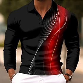 Herren Geometrisch Linie Polo Langarm Polo-Shirts Revers Lässig Athleisure Alltagskleidung 3D-Druck Knöpfe Frühling Herbst Winter Blau Grün