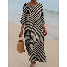 Robe Maxi Femme Lin Comme Respirant Léger Kaftan Manches 3/4 Col Ras du Cou Décontractée Robe Shift Robe A Ligne Robe Boho Quotidien Rendez-vous Sortie Géométr