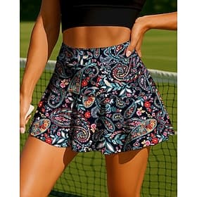 Women's Paisley Plants Floral Casual Skirt Tennis Skirts Patchwork Pocket 2 in 1 UPF50 UV Resistant Multi layer Volleyball Tennis Badminton Shorts Skirt Black