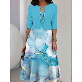 Women's Two Piece Dress Sets Midi Dress with Jacket Elegant A Line Dress Half Sleeve Casual Semi Formal Ombre Graphic Print V Neck Date Light Yellow Sky Blue P