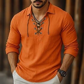 Homme Chemise Chemise en lin Style Viking Chemise d'été Tenue de plage Couleur Unie Vacances Rue Blanche Orange Vert Bleu clair manche longue Col Rabattu Vêtem