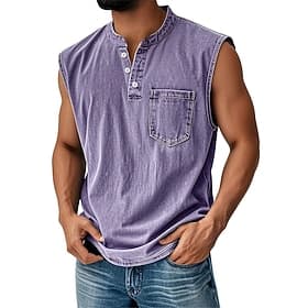 Men's Vintage Tank Top 100% Cotton Acid Wash Vest Top Undershirt Sleeveless Shirt Sleeveless Henley Summer Plain Fashion Designer Basic Pocket Buttons Vacation