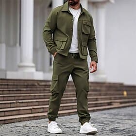 Herren Leichte Jacke Cargo-Jacke Freizeitjacke Set Urlaub Täglich Atmungsaktiv Tasche 2 teilig Frühling Herbst Einfach Mode Klassisch Revers Regulär Schwarz Kh