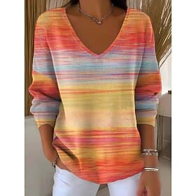 Women's Sweater Casual Soft Floral Striped Ribbed V Neck Knitted Long Sleeve Regular Tops Knit Outdoor Daily Weekend Purple Orange Spring Fall