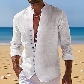 Hombre Camisa Camisa de lino Camisa de verano Camisa casual Abotonar la camisa Plano Casual Diario Azul Piscina Rosa Naranja Caqui Manga Larga Cuello alto Vera