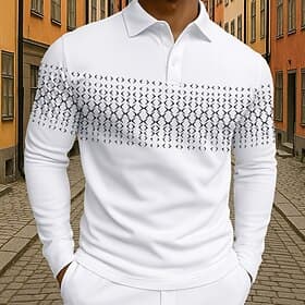 Men's Geometric Polo Long Sleeve Polo Shirts Lapel Business Casual Athleisure Daily Wear 3D Print Buttons Spring Fall Winter Blue Purple