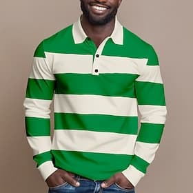 Men's Horizontal Stripes Cable Knit Polo Rugby Polo Shirts Long Sleeve Polo Shirts Collared Shirts Casual Outdoor Athleisure 3D Print Buttons Spring Fall Blue