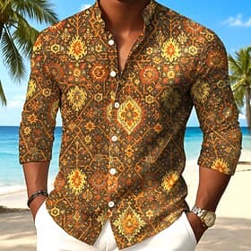 Men's Floral Print Ethnic Flowers Shirt Button Up Shirt Stand Collar Shirt Long Sleeve Vintage Retro Daily Outdoor Vacation Spring Fall Mandarin Collar Band Co