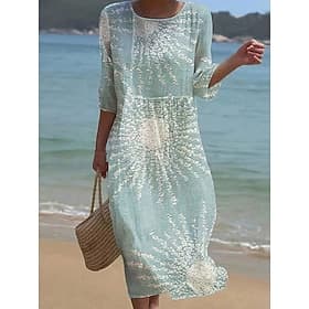 Women's Maxi Dress Linen Like Breathable Lightweight Kaftan 3/4 Length Sleeve Crew Neck Casual Dress A Line Dress Boho Regular Fit Graphic Geometric Abstract Y