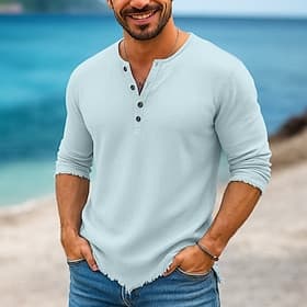 Homme Chemise en coton et lin Chemise Henley T-shirt manche longue Henley Été Toutes saisons Couleur Unie Uni Mode Designer Occasionnel Bloc de Couleur Boutons