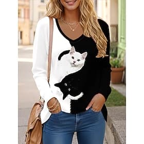 Women's T shirt Long Sleeve Graphic Animal Cat Vintage Stylish Classic Long Sleeve V Neck Regular Tops Daily Print Black Spring Fall Prefall