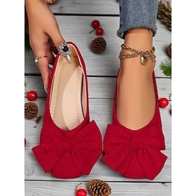 Women's Red Ballet Flats with Large Bow – Elegant Square Toe Dress Shoes for Parties, Christmas and Everyday Outfits