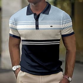 Men's Striped Waffle Polo Shirts Golf Shirt Short Sleeve Polo Shirts Collared Shirts Business Casual WorkWear Formal Wear Festival Wear 3D Print Buttons Blue P